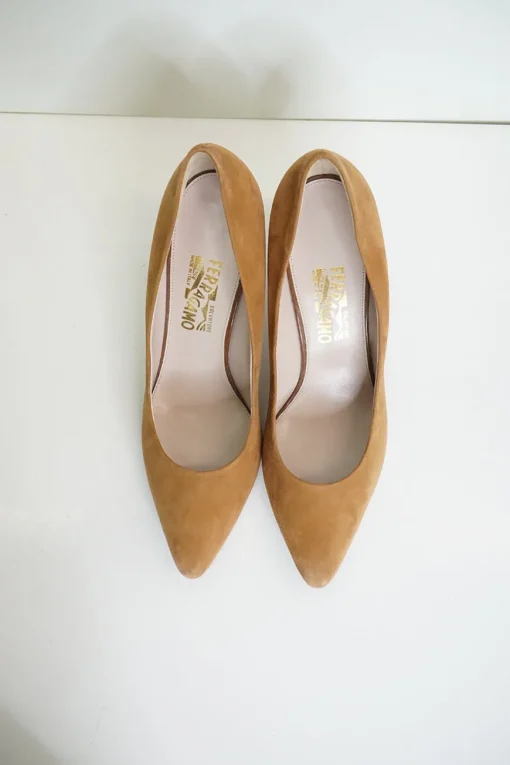 Camel suede pointed toe mid-heel pumps