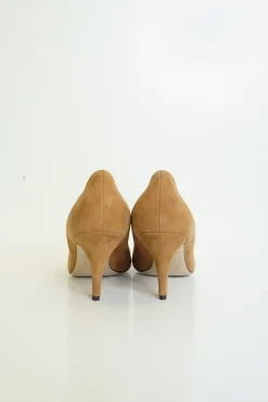 Camel suede pointed toe mid-heel pumps