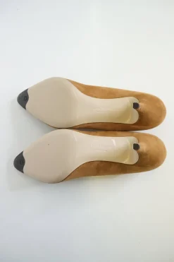 Camel suede pointed toe mid-heel pumps