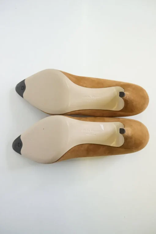 Camel suede pointed toe mid-heel pumps