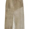Camel suede slit-front A-line midi skirt