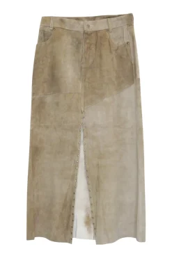 Camel suede slit-front A-line midi skirt