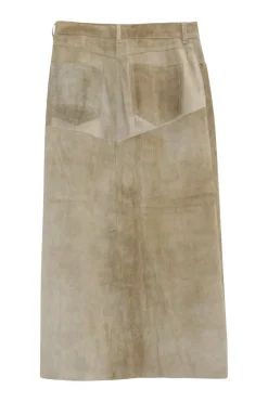 Camel suede slit-front A-line midi skirt