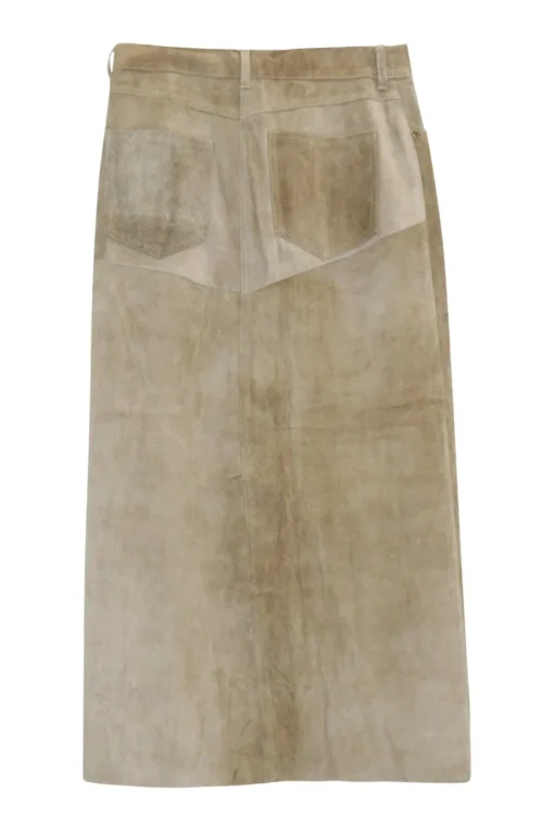 Camel suede slit-front A-line midi skirt