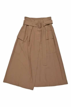 Camel viscose-blend wrap-front belted cargo midi skirt with paperbag waist
