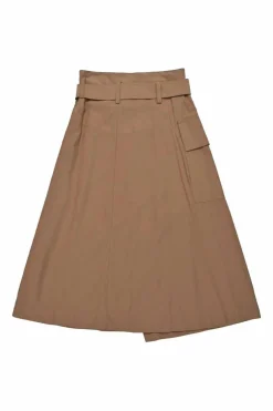 Camel viscose-blend wrap-front belted cargo midi skirt with paperbag waist