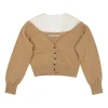 Camel wool and nylon-blend paneled illusion sheer shoulder button-front cardigan