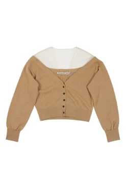 Camel wool and nylon-blend paneled illusion sheer shoulder button-front cardigan