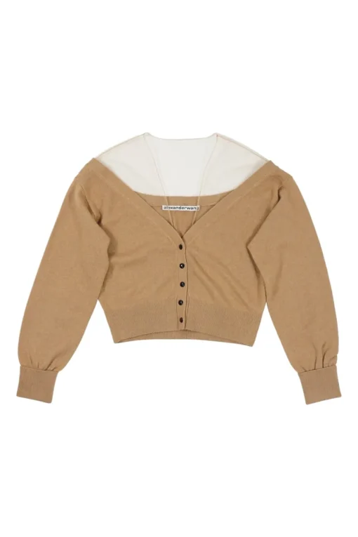 Camel wool and nylon-blend paneled illusion sheer shoulder button-front cardigan