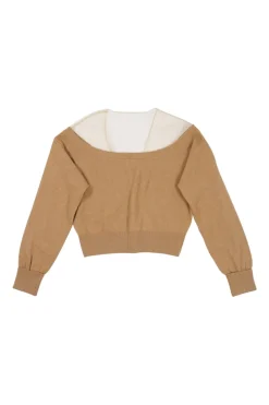 Camel wool and nylon-blend paneled illusion sheer shoulder button-front cardigan
