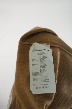 Camel wool and nylon-blend paneled illusion sheer shoulder button-front cardigan