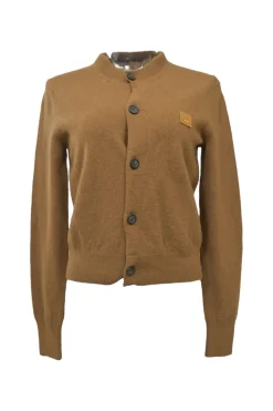 Camel wool button-front cardigan featuring signature leather face logo chest patch