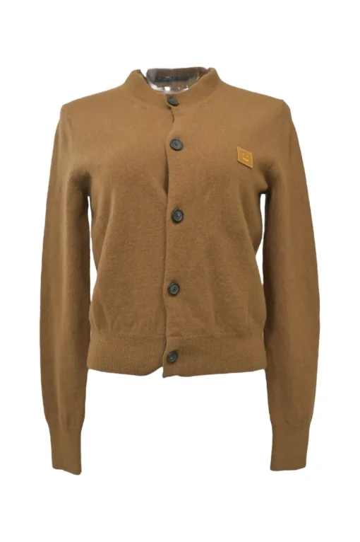 Camel wool button-front cardigan featuring signature leather face logo chest patch
