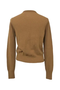 Camel wool button-front cardigan featuring signature leather face logo chest patch