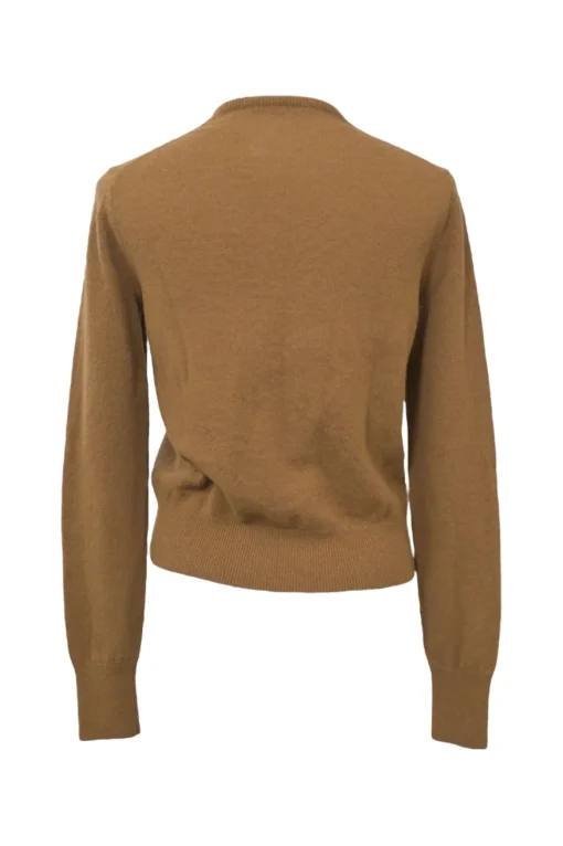 Camel wool button-front cardigan featuring signature leather face logo chest patch