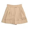 Camel wool Cavalry twill pull-on high-rise pleat tailored shorts with turn-up cuffs