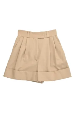 Camel wool Cavalry twill pull-on high-rise pleat tailored shorts with turn-up cuffs