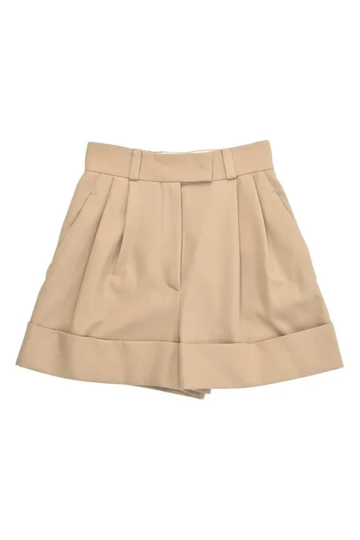 Camel wool Cavalry twill pull-on high-rise pleat tailored shorts with turn-up cuffs