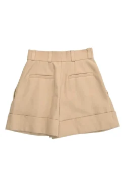 Camel wool Cavalry twill pull-on high-rise pleat tailored shorts with turn-up cuffs