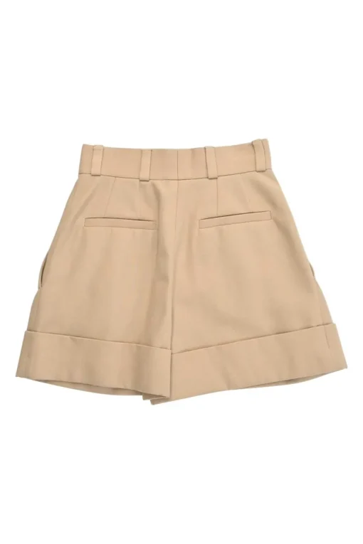 Camel wool Cavalry twill pull-on high-rise pleat tailored shorts with turn-up cuffs