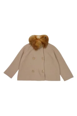 Camel wool interlock knit double breasted raglan sleeve cropped swing cardigan with fox fur collar