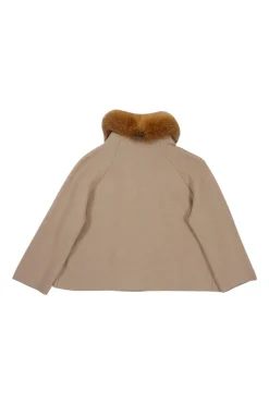 Camel wool interlock knit double breasted raglan sleeve cropped swing cardigan with fox fur collar