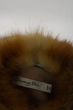 Camel wool interlock knit double breasted raglan sleeve cropped swing cardigan with fox fur collar