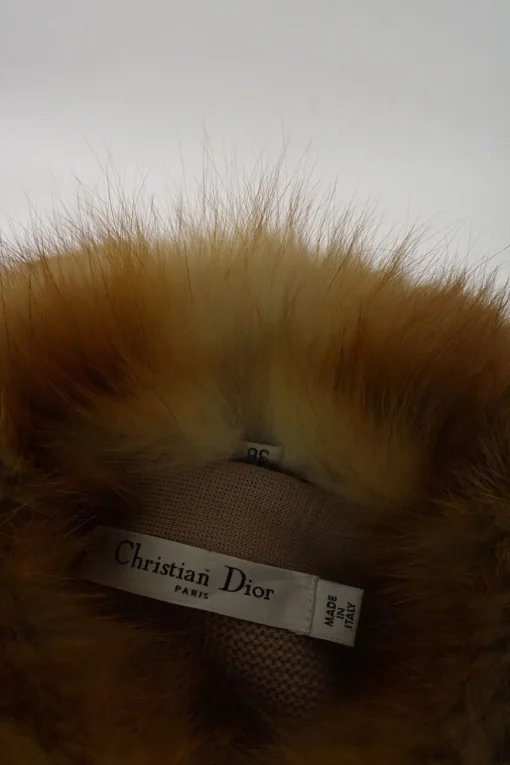 Camel wool interlock knit double breasted raglan sleeve cropped swing cardigan with fox fur collar