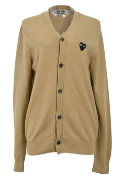 Camel wool jersey knit button-front cardigan with heart logo chest patch appliqué