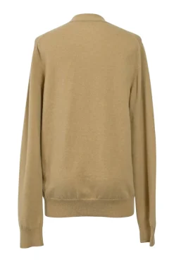 Camel wool jersey knit button-front cardigan with heart logo chest patch appliqué