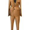 Camel wool-blend canvas single-breasted belted blazer with satin duchesse notch lapels and cuffs suit set