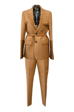 Camel wool-blend canvas single-breasted belted blazer with satin duchesse notch lapels and cuffs suit set