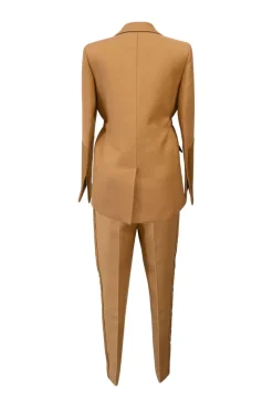 Camel wool-blend canvas single-breasted belted blazer with satin duchesse notch lapels and cuffs suit set