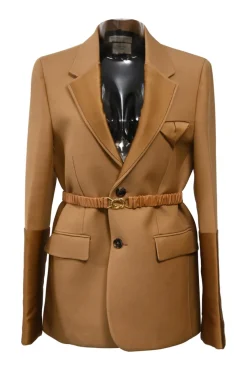 Camel wool-blend canvas single-breasted belted blazer with satin duchesse notch lapels and cuffs suit set