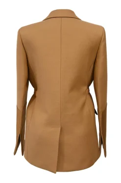 Camel wool-blend canvas single-breasted belted blazer with satin duchesse notch lapels and cuffs suit set