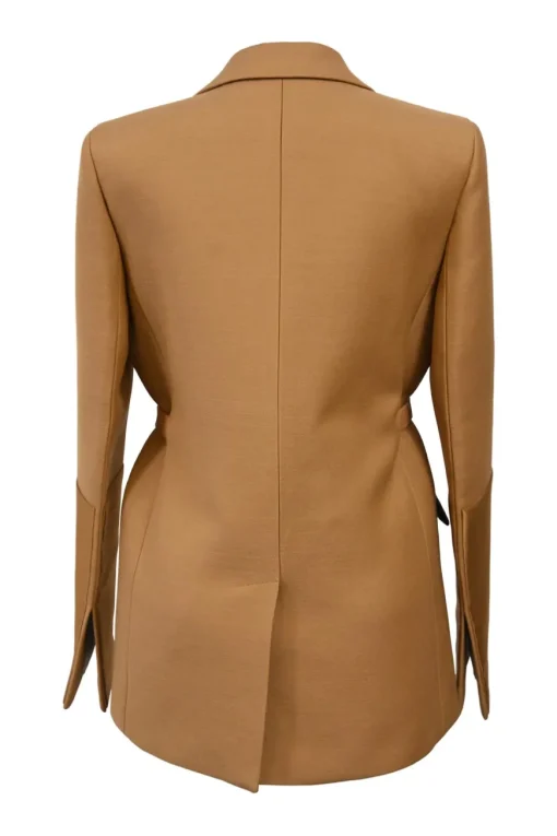 Camel wool-blend canvas single-breasted belted blazer with satin duchesse notch lapels and cuffs suit set