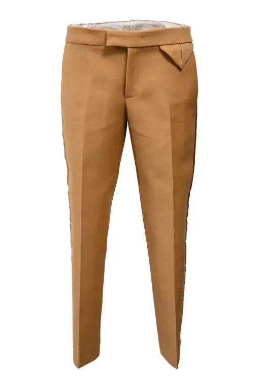 Camel wool-blend canvas single-breasted belted blazer with satin duchesse notch lapels and cuffs suit set