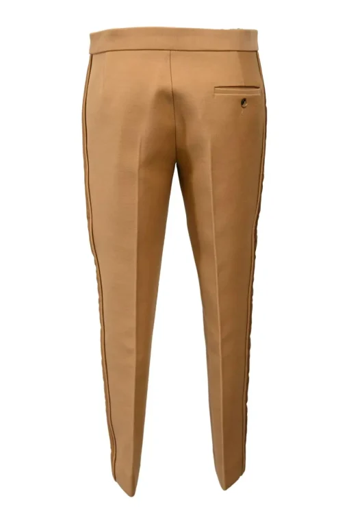 Camel wool-blend canvas single-breasted belted blazer with satin duchesse notch lapels and cuffs suit set