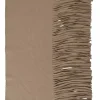 Camel wool-blend fringe flannel logo scarf featuring tonal blanket stitch detailing