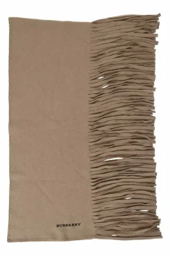 Camel wool-blend fringe flannel logo scarf featuring tonal blanket stitch detailing