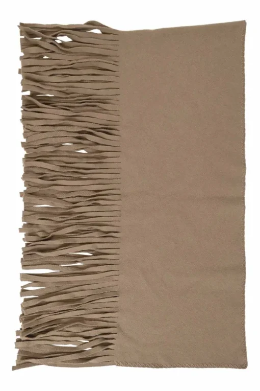 Camel wool-blend fringe flannel logo scarf featuring tonal blanket stitch detailing