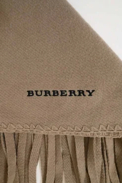Camel wool-blend fringe flannel logo scarf featuring tonal blanket stitch detailing