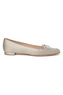 Champagne silk satin and leather crystal-embellished buckle ballerinas