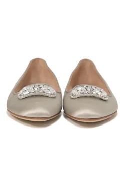 Champagne silk satin and leather crystal-embellished buckle ballerinas