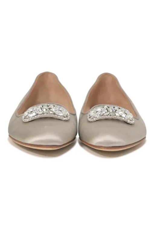 Champagne silk satin and leather crystal-embellished buckle ballerinas