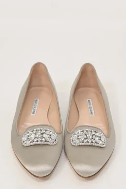 Champagne silk satin and leather crystal-embellished buckle ballerinas