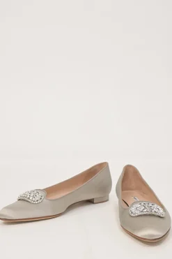 Champagne silk satin and leather crystal-embellished buckle ballerinas