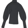 Charcoal alpaca-silk micro-rib Juliette sleeve turtleneck with self-covered shank button shoulder appliqué