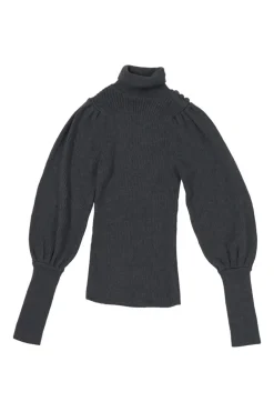 Charcoal alpaca-silk micro-rib Juliette sleeve turtleneck with self-covered shank button shoulder appliqué