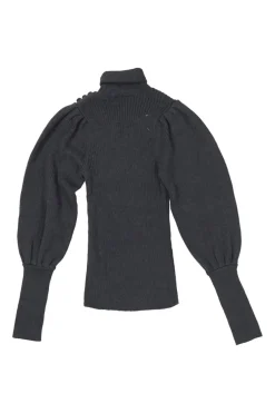 Charcoal alpaca-silk micro-rib Juliette sleeve turtleneck with self-covered shank button shoulder appliqué